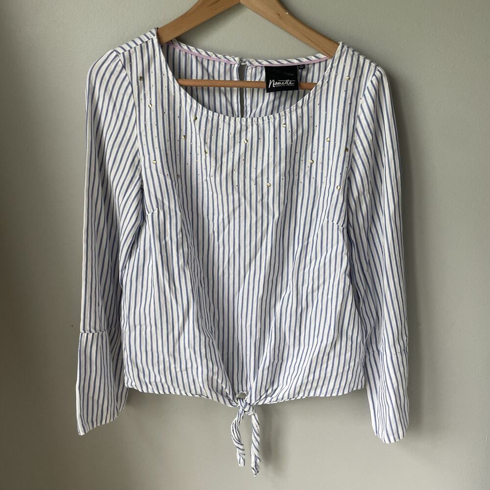 Nanette Lepore Front Tie‎ Gold Embellished Blue White Stripe Blouse Womens Small